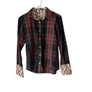 Tizzie Shirt Womens Small Plaid Button Up Long Sleeve Houndstooth Cuffs Collar
